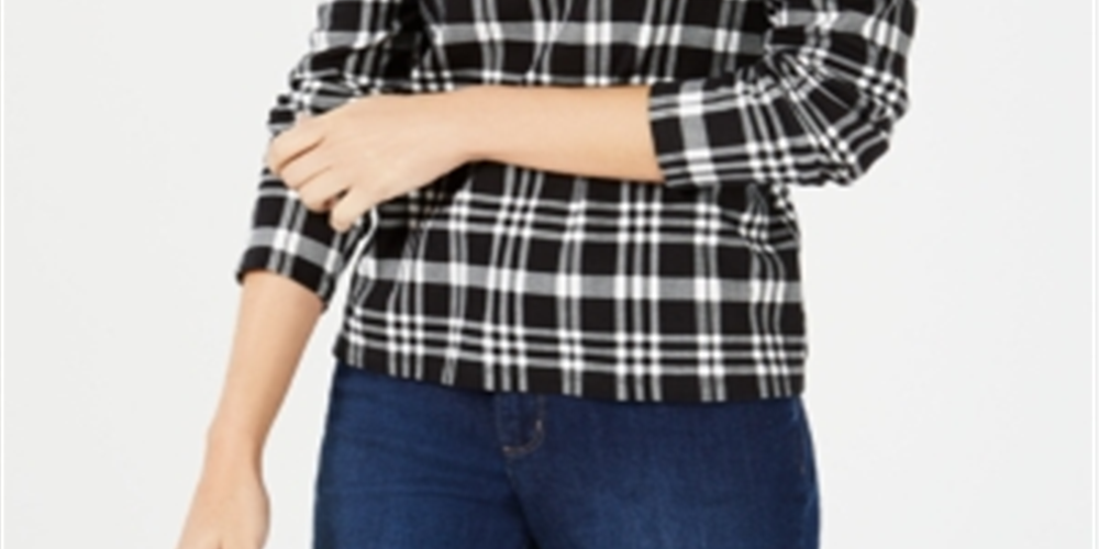 Camiseta feminina xadrez de algodão Charter Club, preta, tamanho XS