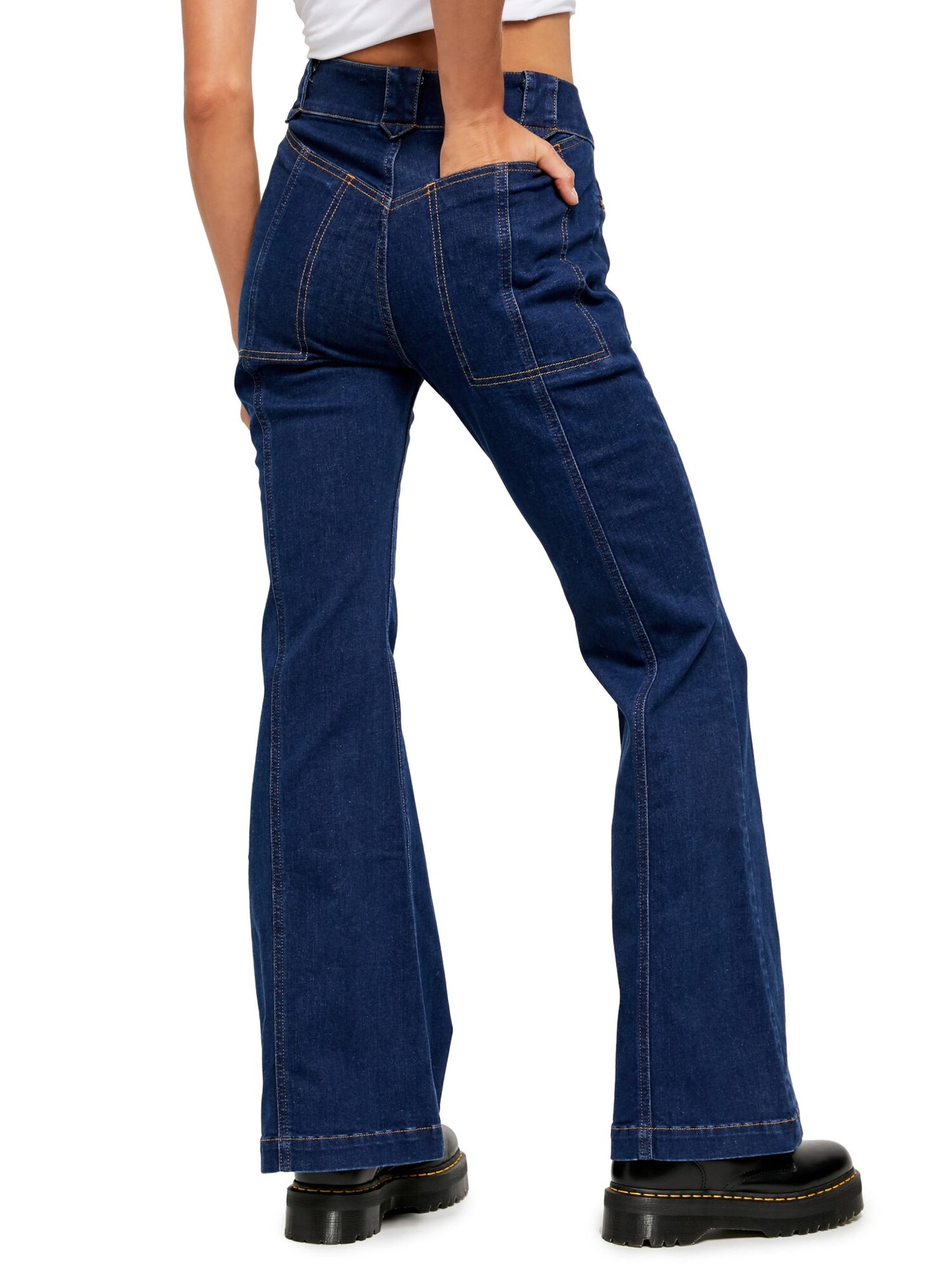 Calça jeans flare unissex Free People, cintura azul, tamanho 29