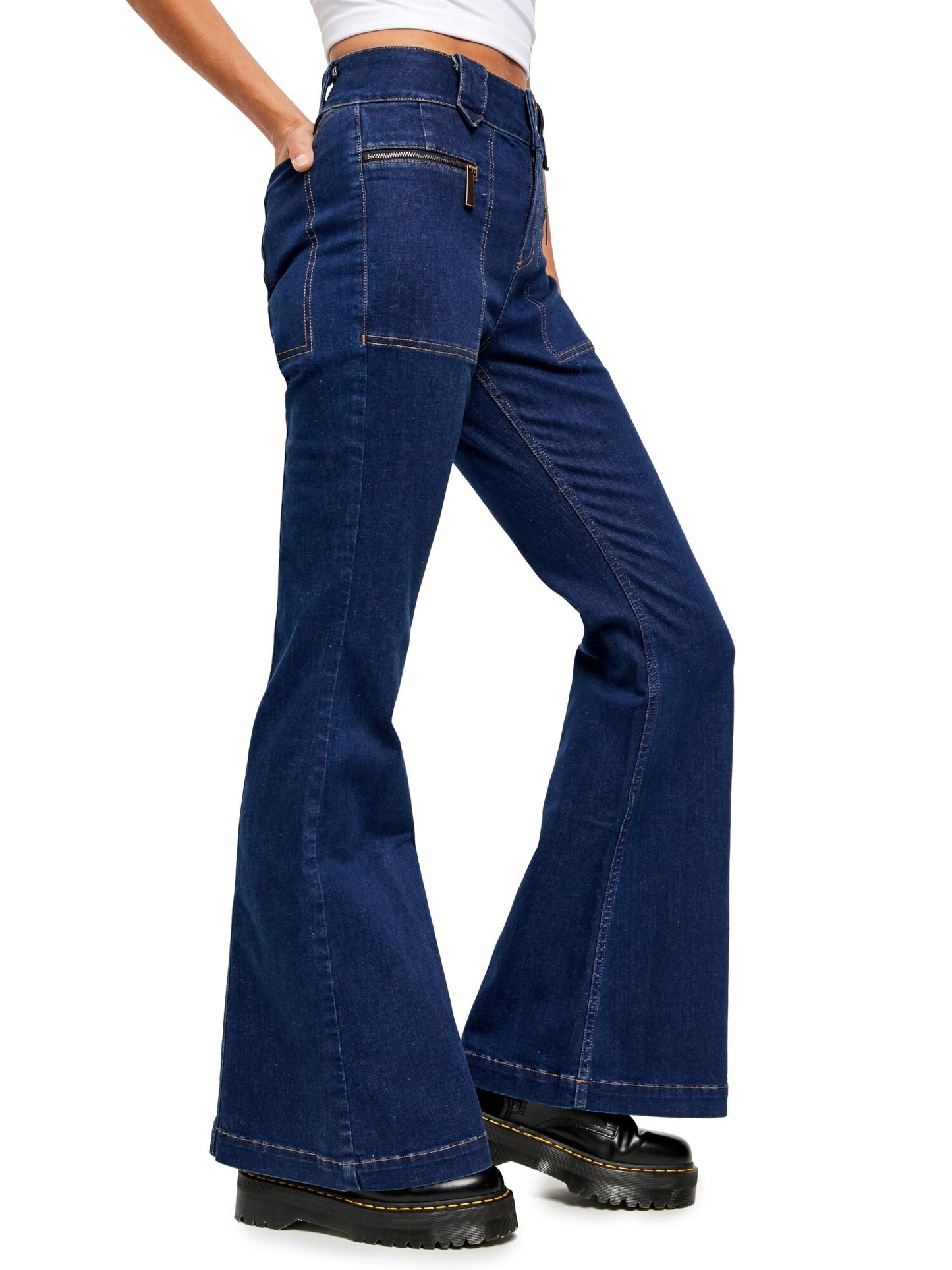 Calça jeans flare unissex Free People, cintura azul, tamanho 29