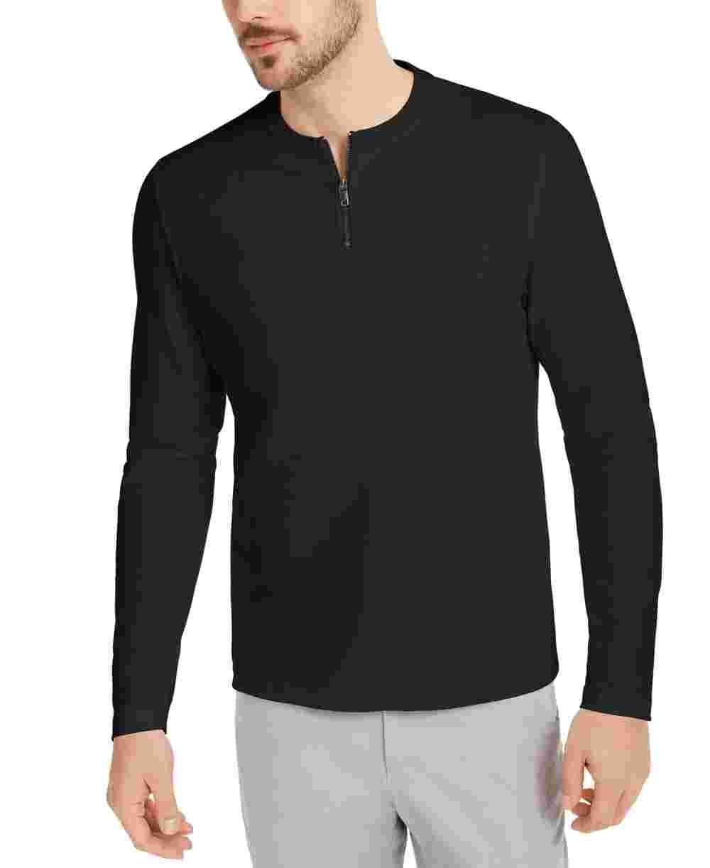 Camisa casual masculina Alfani de manga curta com ajuste clássico e zíper de um quarto, preta, tamanho pequeno