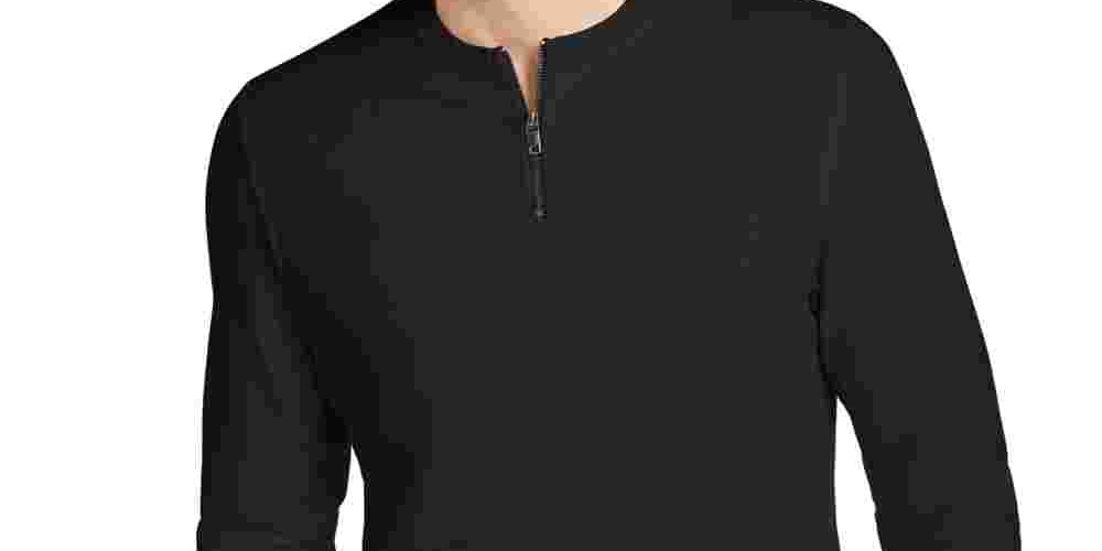 Camisa casual masculina Alfani de manga curta com ajuste clássico e zíper de um quarto, preta, tamanho pequeno