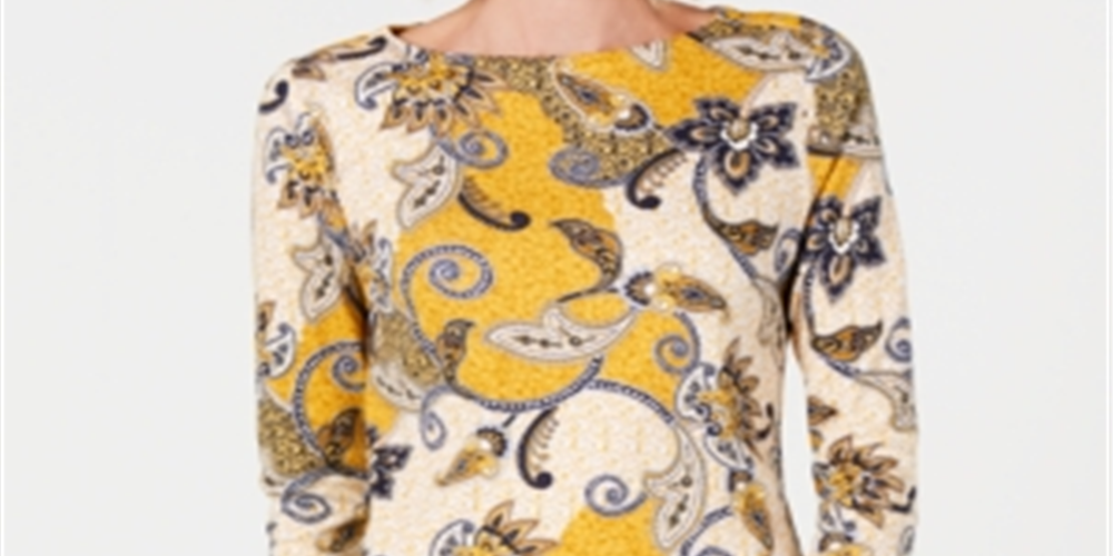 Charter Club Feminino Pima Algodão Botão Ombro Estampado Top Amarelo Tamanho Pequeno Pequeno