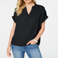 Blusa feminina Charter Club com decote dividido e manga curta, preta, tamanho pequeno P/M