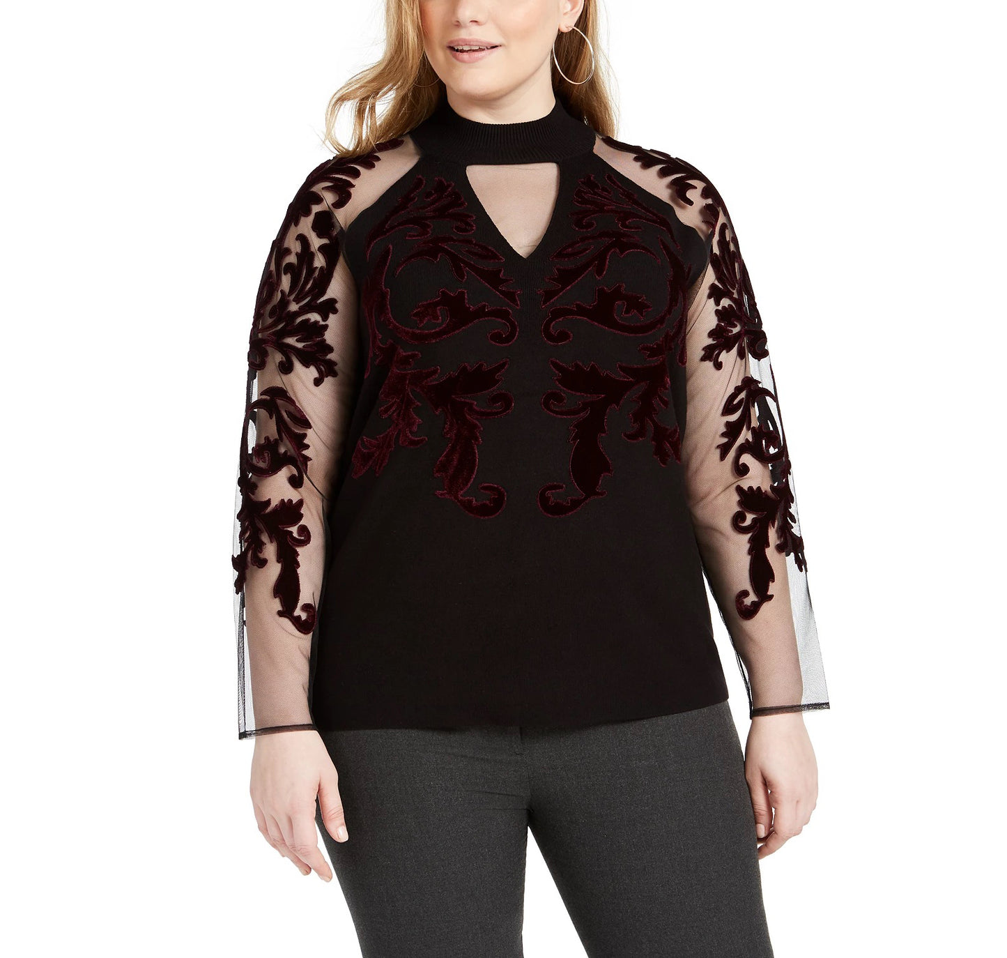 Suéter feminino de veludo flocado com manga de malha, preto, tamanho 1X, da INC International Concepts