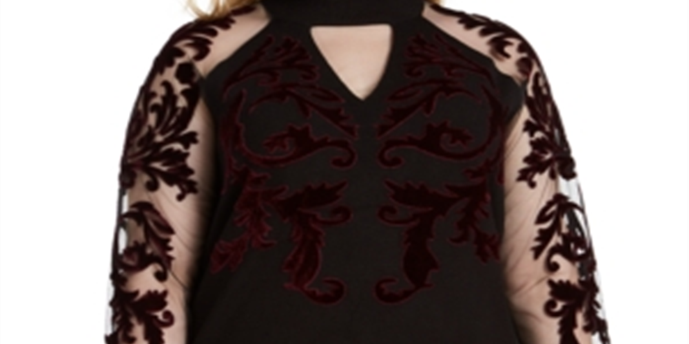 Suéter feminino de veludo flocado com manga de malha, preto, tamanho 1X, da INC International Concepts