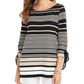 Blusa feminina listrada com manga amarrada Charter Club, preta, tamanho P