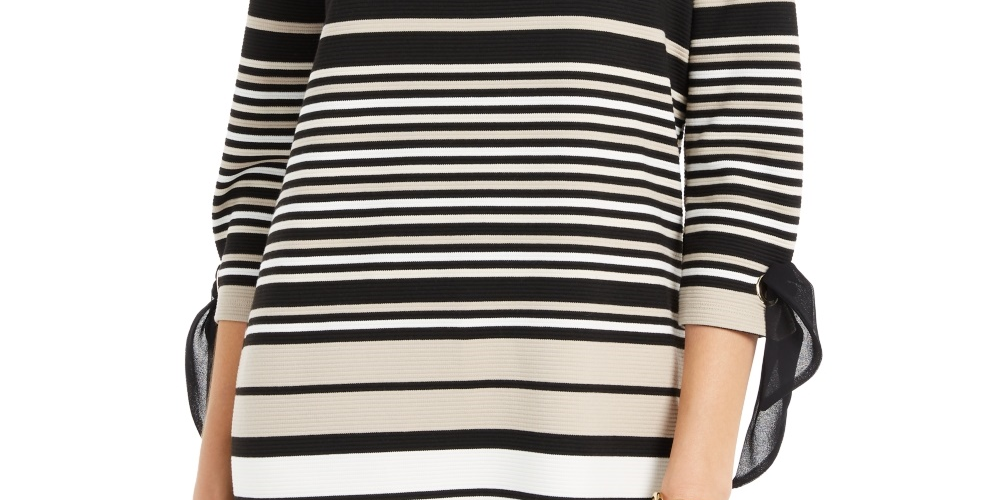 Blusa feminina listrada com manga amarrada Charter Club, preta, tamanho P