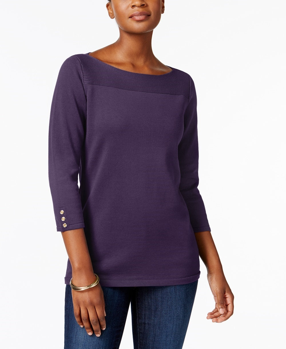 Karen Scott Blusa feminina de algodão com decote canoa, roxa, tamanho X-S