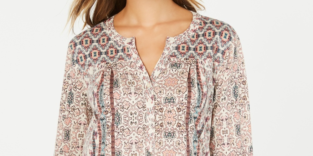 Blusa Henley Estampada Boho Feminina Style &amp; Co Bege Tamanho P