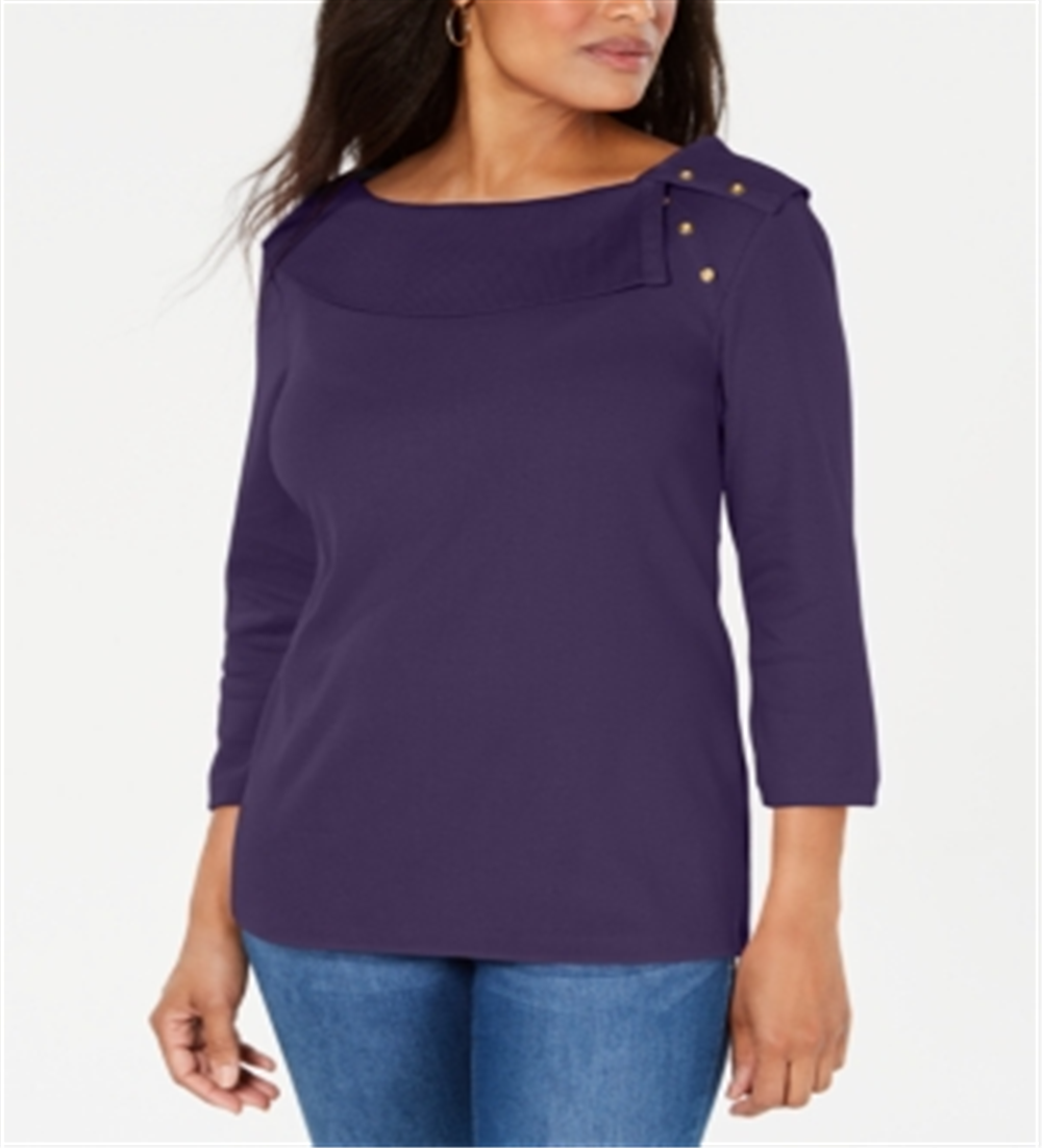 Karen Scott Blusa feminina de algodão com gola xale e botões, roxa, tamanho extragrande