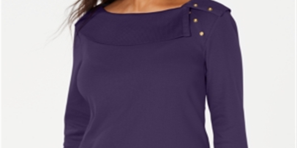 Karen Scott Blusa feminina de algodão com gola xale e botões, roxa, tamanho extragrande
