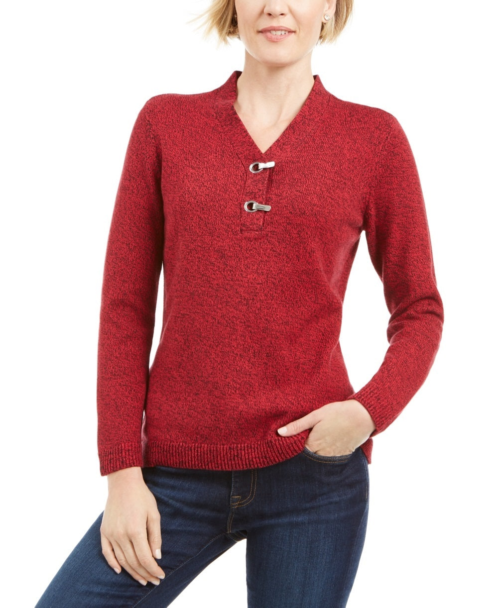 Karen Scott Suéter Henley Feminino de Algodão Marmorizado Vermelho Tamanho XX-G