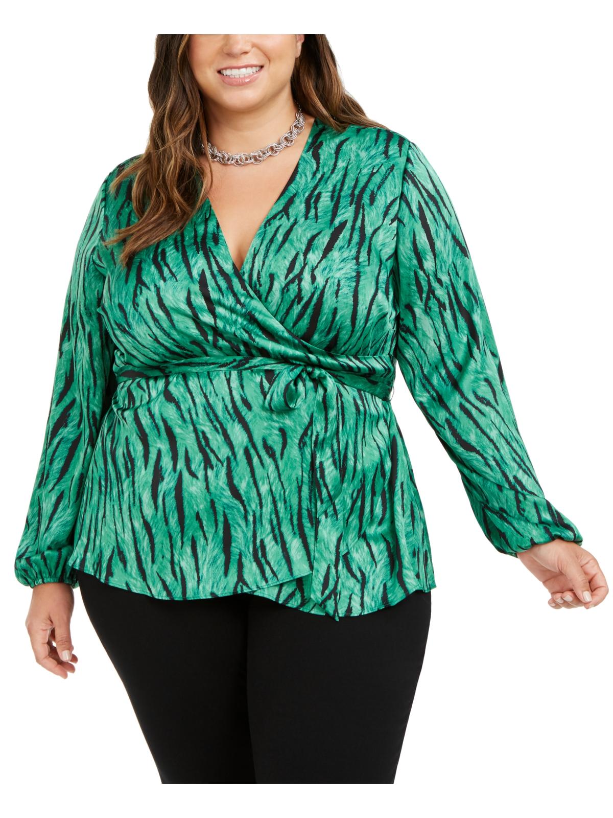 INC International Concepts Top feminino plus size com estampa animal e decote em V, verde, tamanho 0X