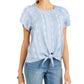 Blusa feminina estampada com decote quadrado e amarração frontal, azul, tamanho extrapequeno, da Style &amp; Co