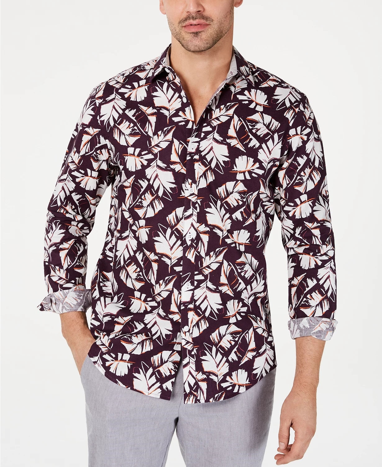 Camisa masculina de linho Adrian com botões e gola, roxa, tamanho extragrande, da INC International Concepts