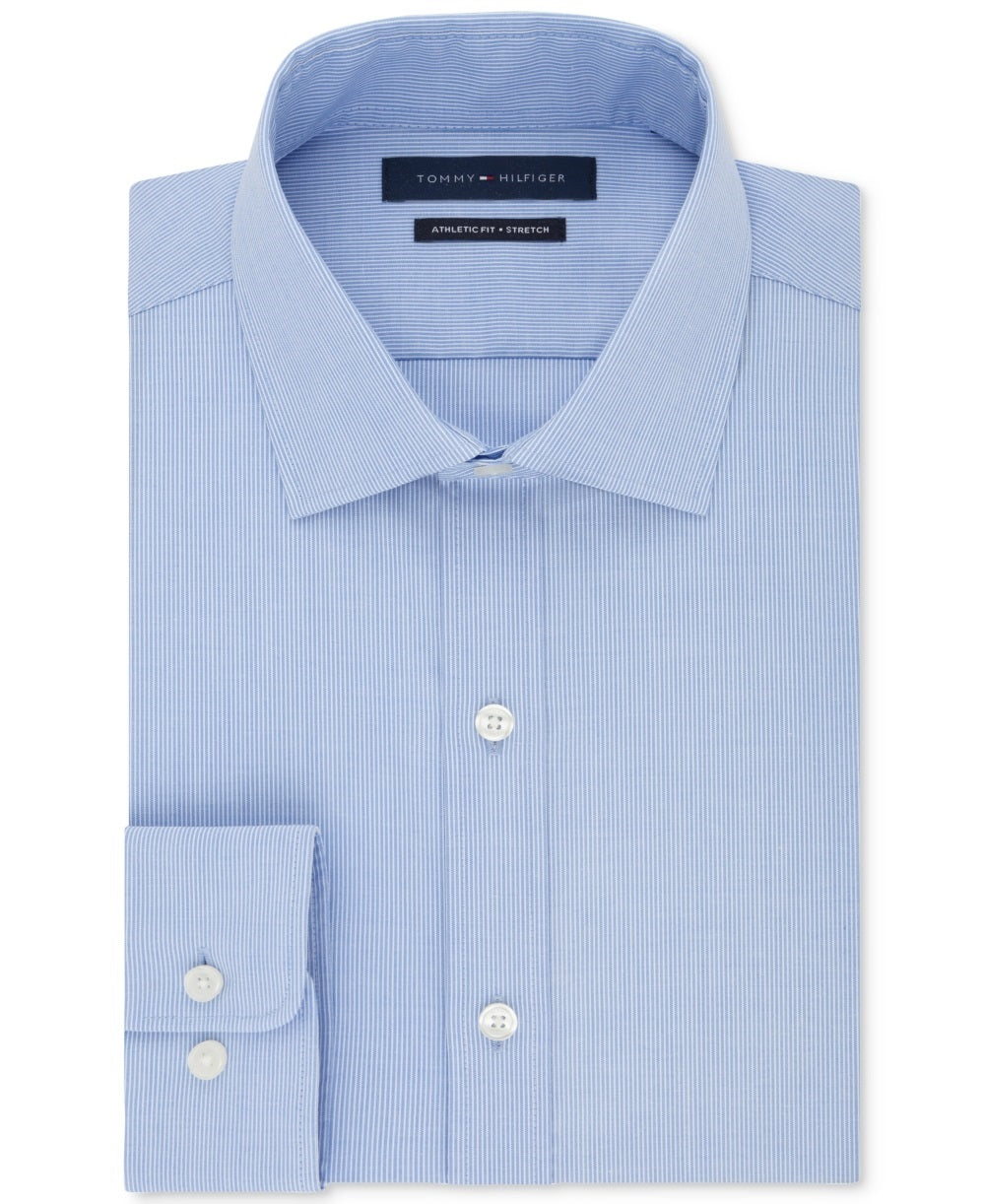 Camisa social masculina Tommy Hilfiger com gola atlética e ajuste azul, tamanho 16 x 34 x 35
