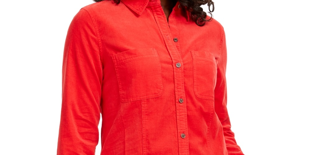 Camisa feminina de veludo cotelê de algodão com botões Charter Club, vermelha, tamanho pequeno e pequeno