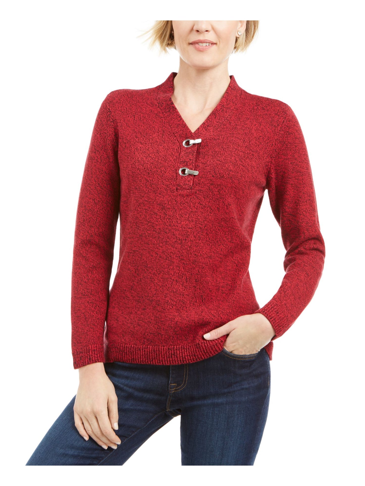Karen Scott Suéter Henley de Algodão com Acabamento em Ferragens Feminino Vermelho Tamanho Pequeno GG