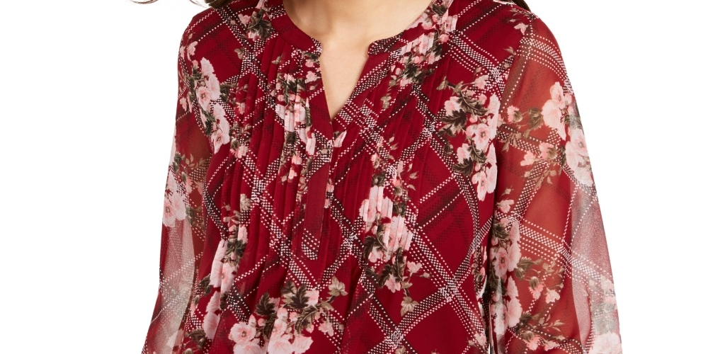 Top feminino Charter Club com estampa mista e decote dividido, vermelho, tamanho pequeno e pequeno