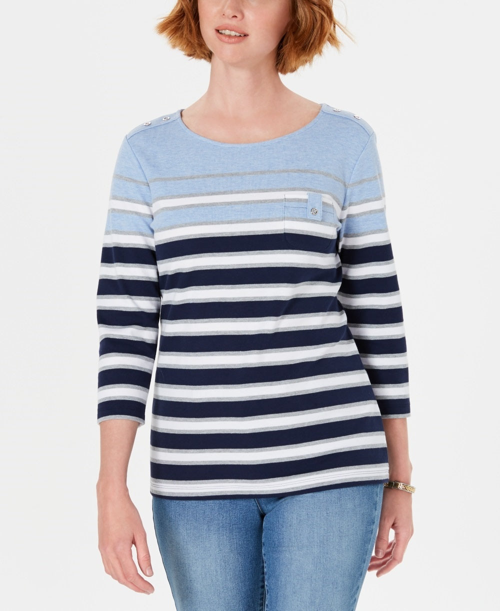 Blusa listrada com bolso Serena feminina Karen Scott, azul, tamanho pequeno, médio