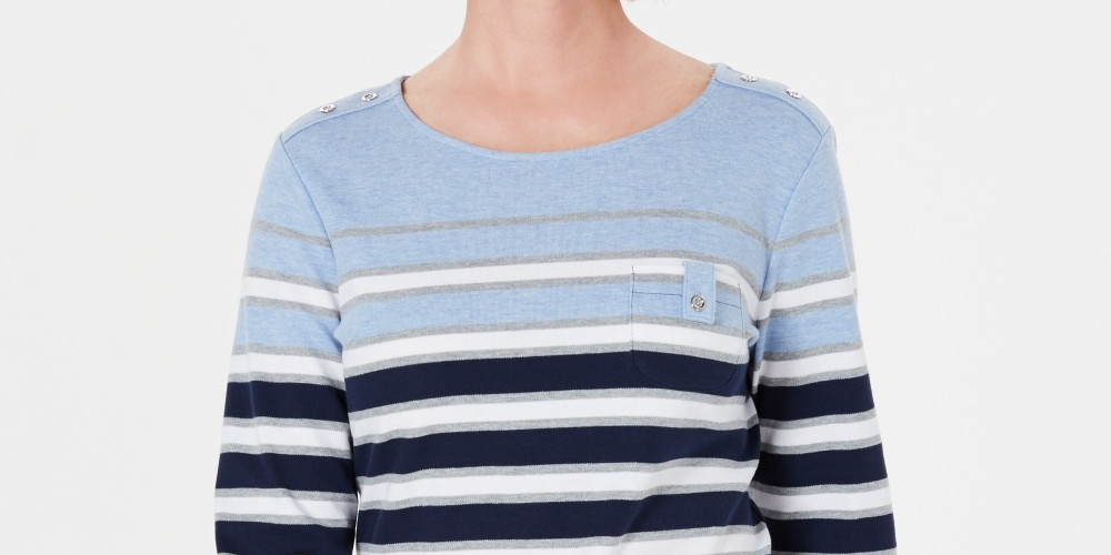 Blusa listrada com bolso Serena feminina Karen Scott, azul, tamanho pequeno, médio