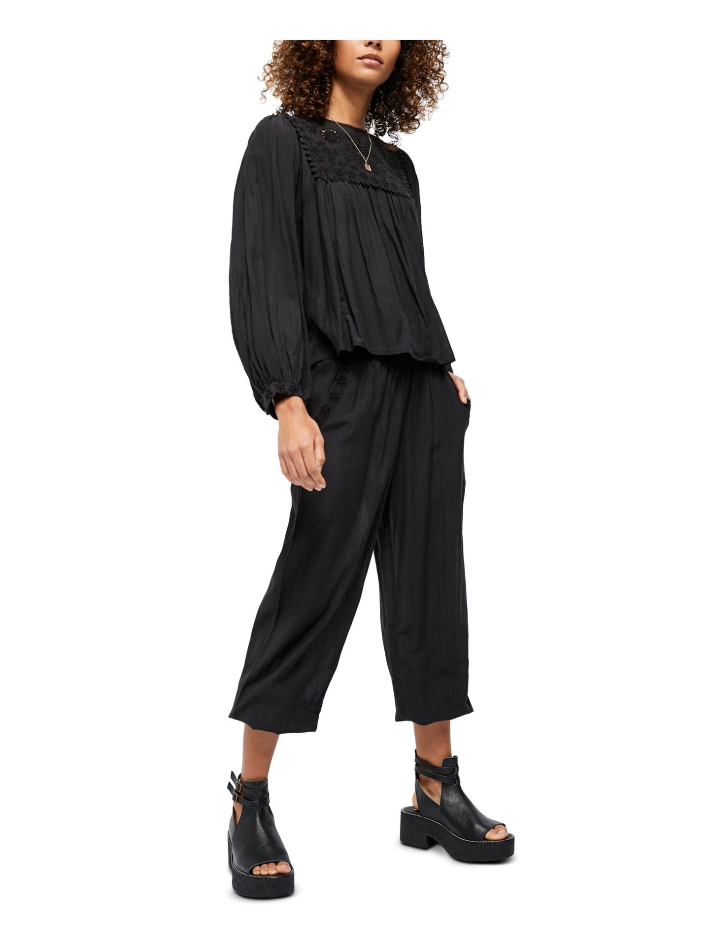 Camiseta unissex de manga comprida e gola redonda Free People, preta, tamanho extragrande