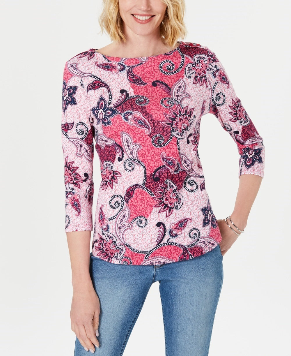 Blusa feminina Charter Club de algodão estampado com manga 3/4, rosa, tamanho X-S