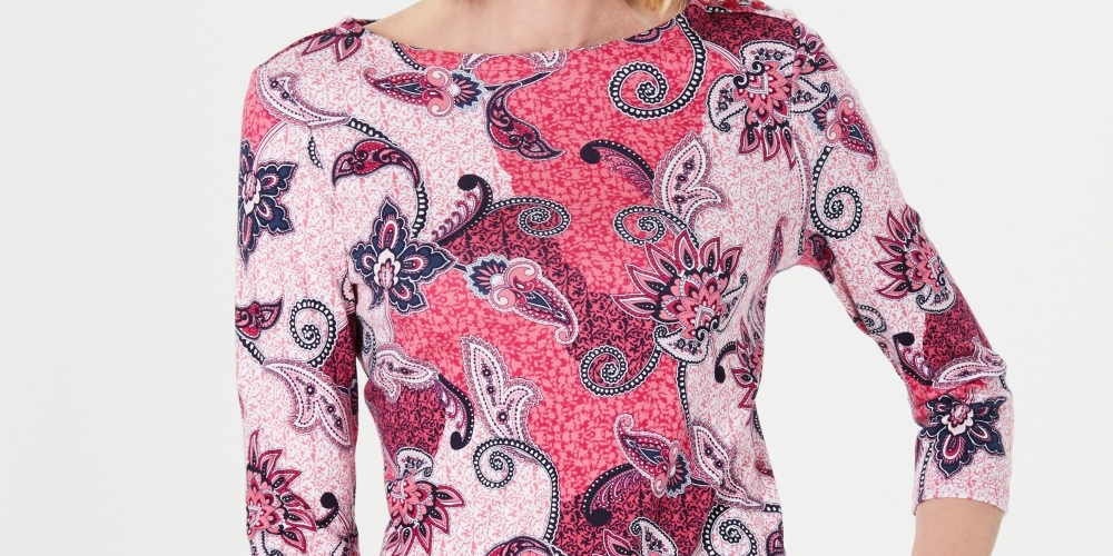 Blusa feminina Charter Club de algodão estampado com manga 3/4, rosa, tamanho X-S