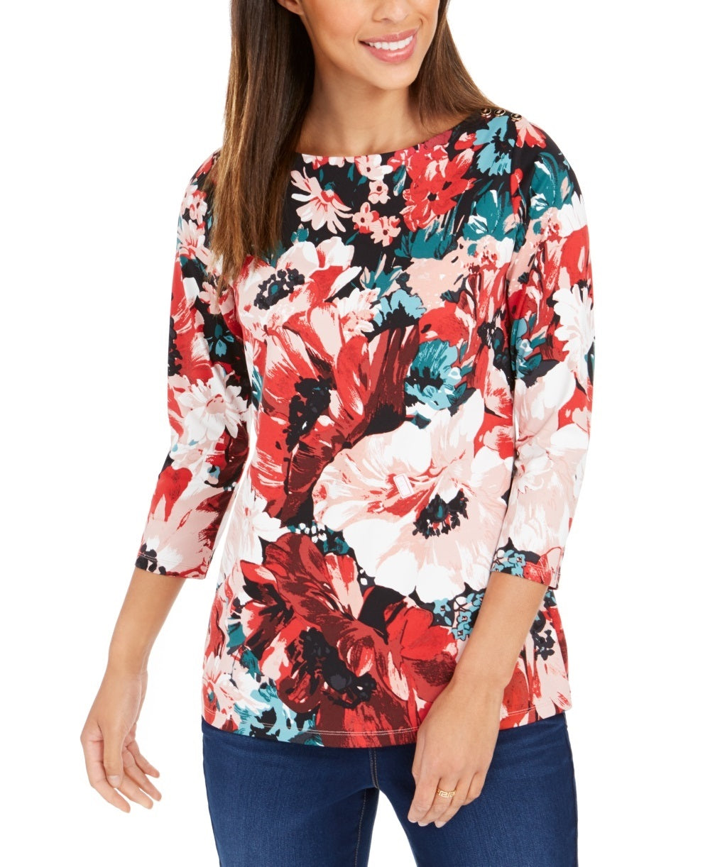 Charter Club Blusa feminina com estampa floral e decote canoa, vermelha, tamanho pequeno