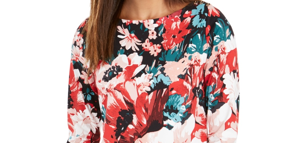 Charter Club Blusa feminina com estampa floral e decote canoa, vermelha, tamanho pequeno