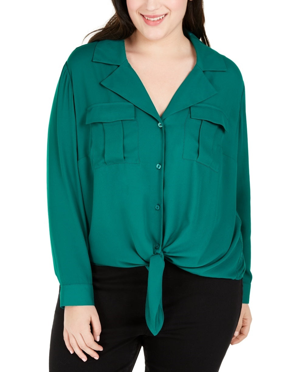 Blusa feminina plus size com amarração frontal, verde, tamanho 1X, da INC International Concepts