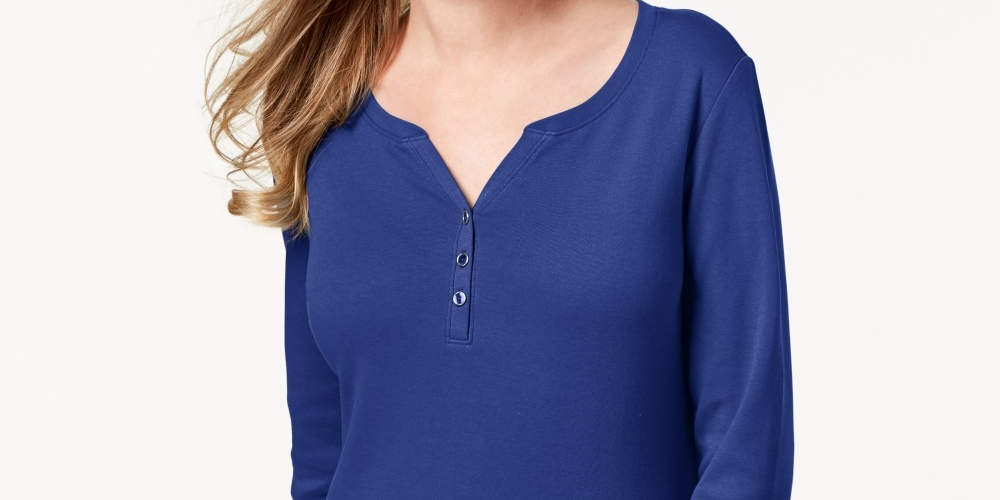 Karen Scott Top Henley de Algodão Feminino Azul Tamanho P