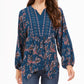 Blusa feminina estilo &amp; co, azul-petróleo, estampa paisley, manga comprida, gola V, estampa paisley, tamanho grande