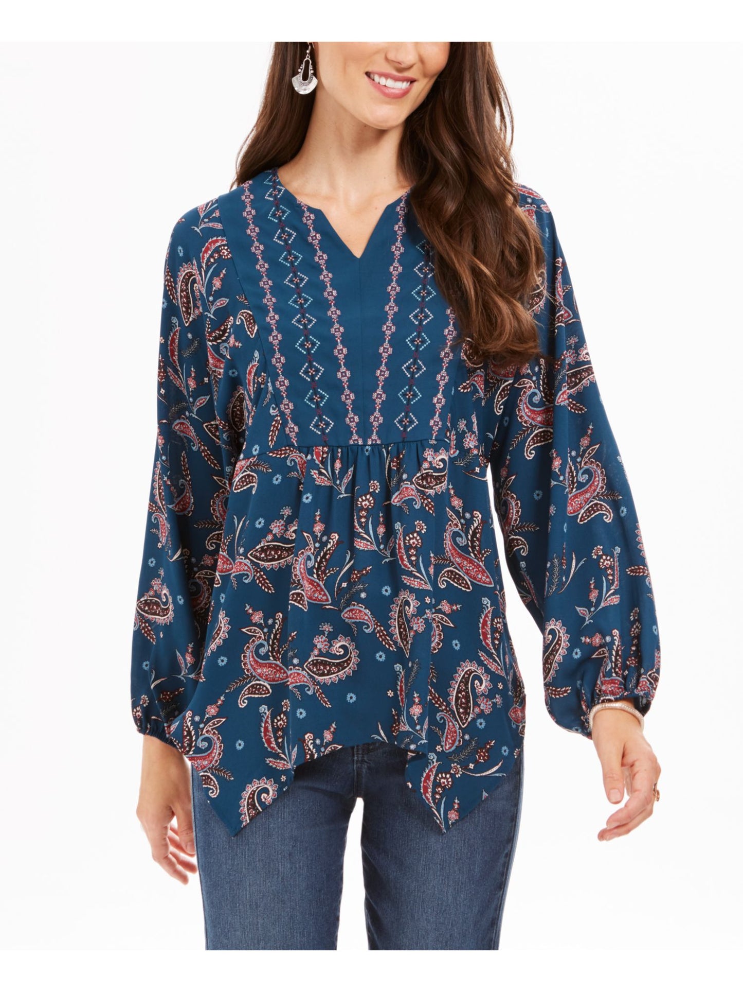 Blusa feminina estilo &amp; co, azul-petróleo, estampa paisley, manga comprida, gola V, estampa paisley, tamanho grande