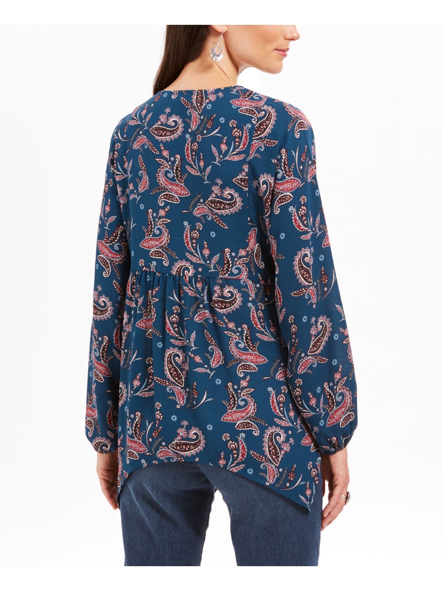 Blusa feminina estilo &amp; co, azul-petróleo, estampa paisley, manga comprida, gola V, estampa paisley, tamanho grande