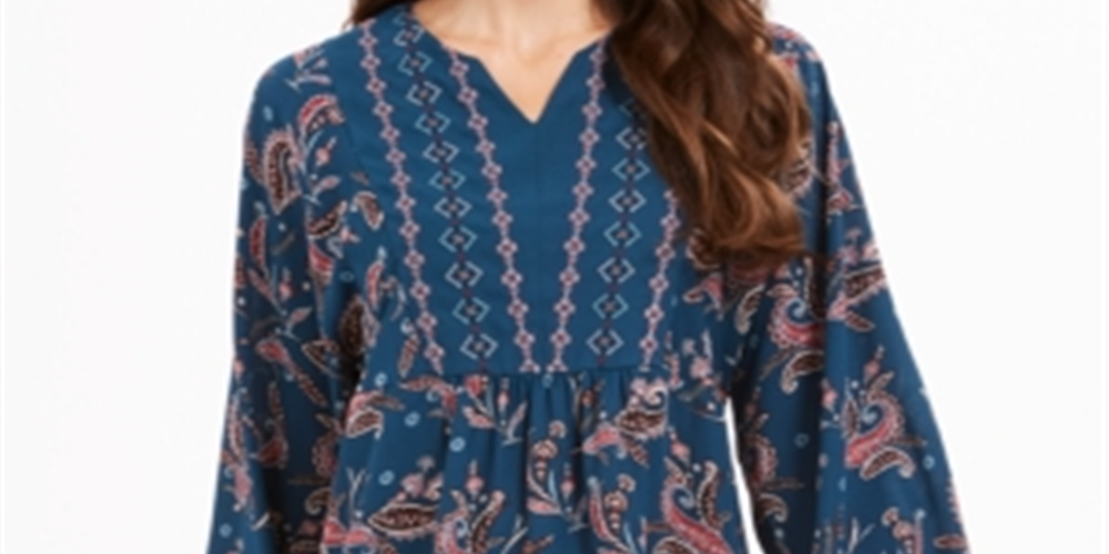 Blusa feminina estilo &amp; co, azul-petróleo, estampa paisley, manga comprida, gola V, estampa paisley, tamanho grande