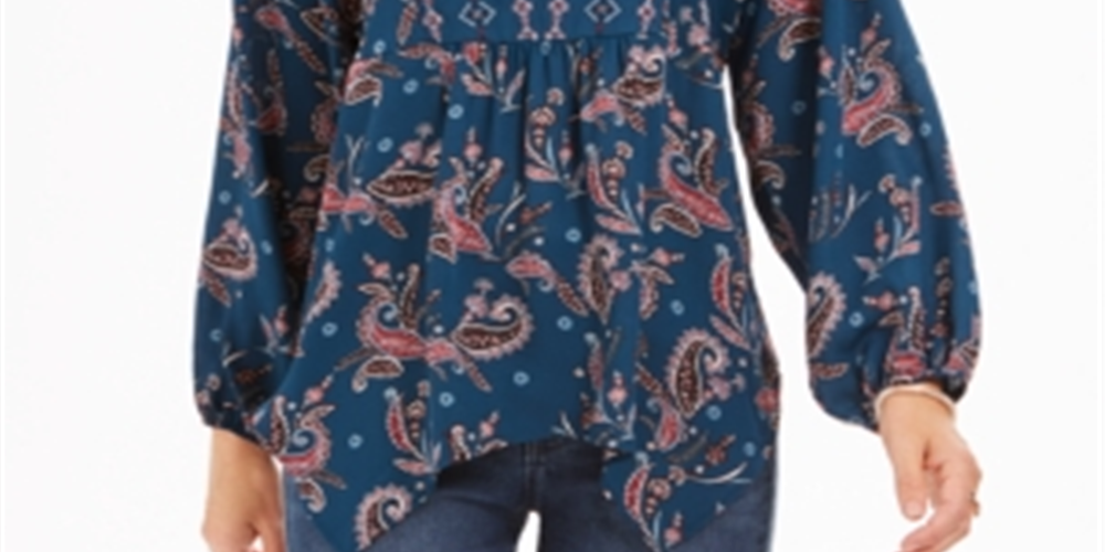 Blusa feminina estilo &amp; co, azul-petróleo, estampa paisley, manga comprida, gola V, estampa paisley, tamanho grande