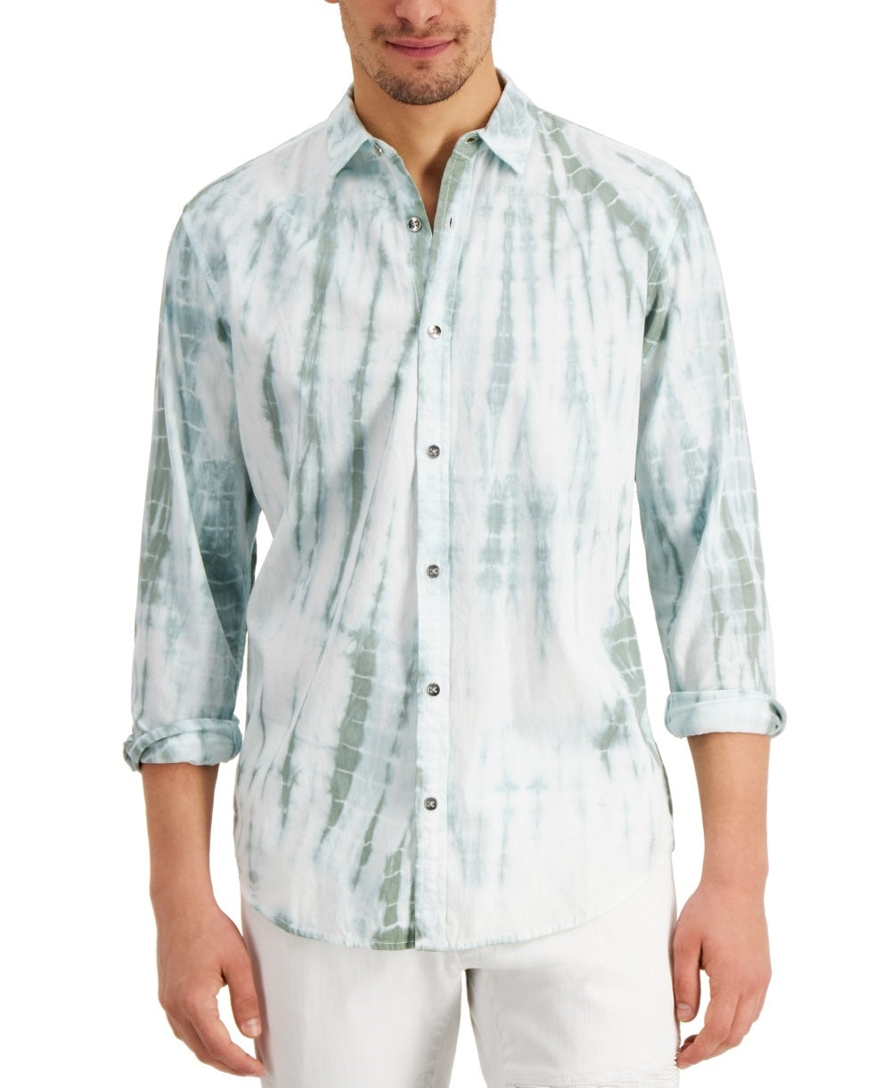Camisa masculina de manga comprida com botões e estampa tie-dye da INC International Concepts, tamanho pequeno, verde