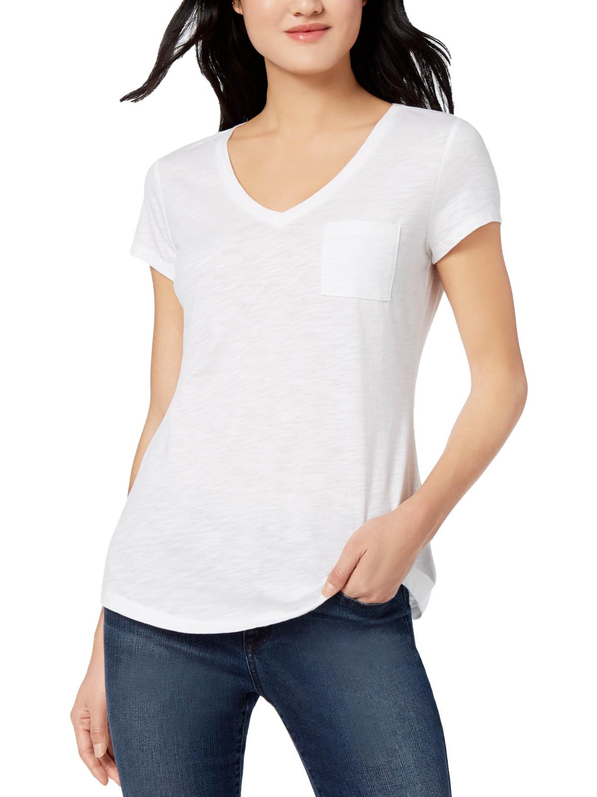 Camiseta feminina Maison Jules com decote em V e bolso aplicado, branca, tamanho médio