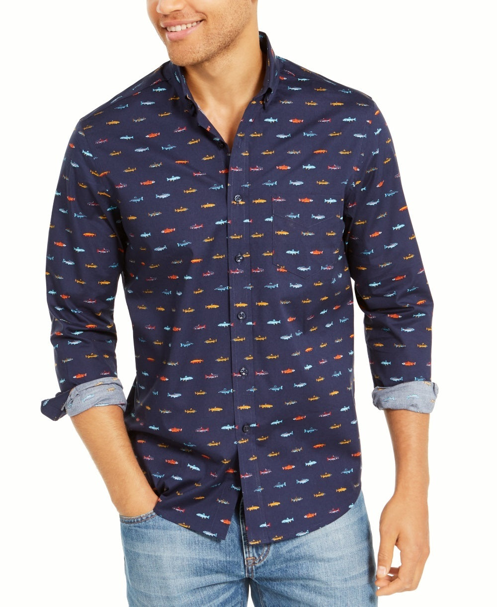 Camisa Masculina Club Room Regular Fit Performance Stretch Estampa de Peixe Azul Tamanho P