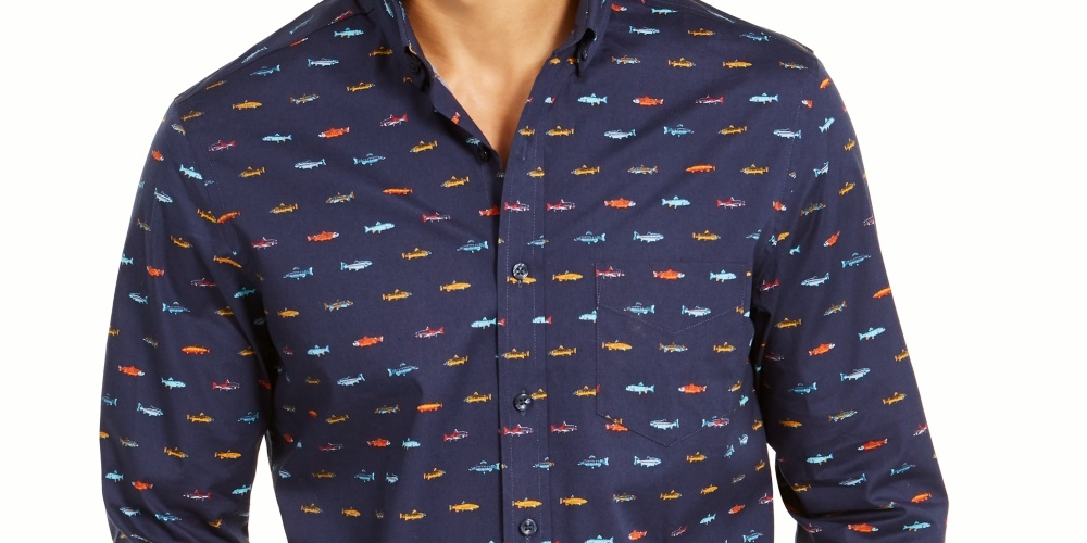 Camisa Masculina Club Room Regular Fit Performance Stretch Estampa de Peixe Azul Tamanho P