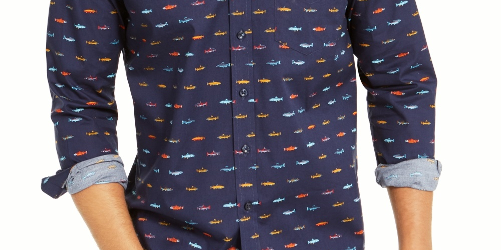 Camisa Masculina Club Room Regular Fit Performance Stretch Estampa de Peixe Azul Tamanho P