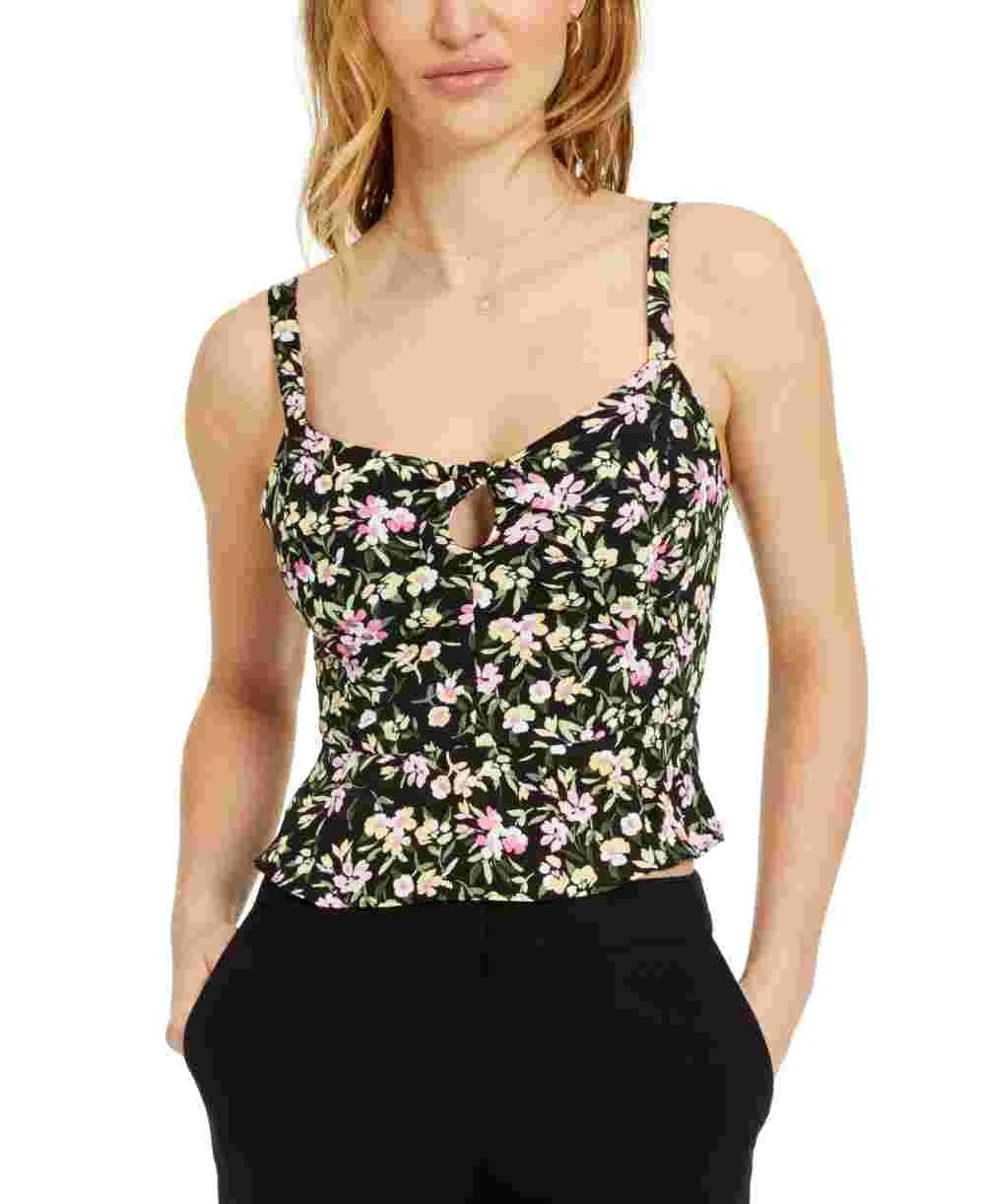 Blusa feminina Bar III com estampa floral e costas franzidas, cropped, preta, tamanho X-S