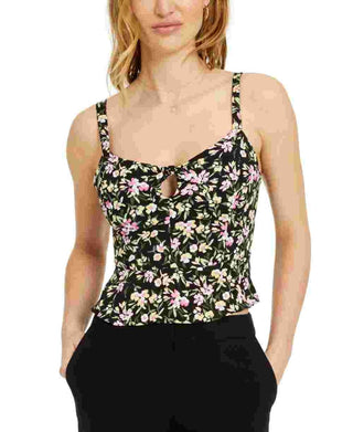 Blusa feminina Bar III com estampa floral e costas franzidas, cropped, preta, tamanho X-S