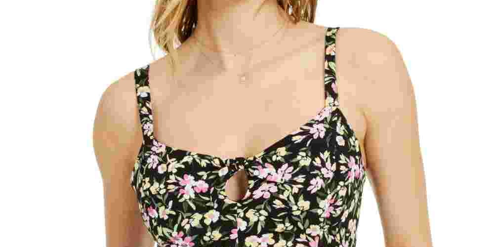 Blusa feminina Bar III com estampa floral e costas franzidas, cropped, preta, tamanho X-S