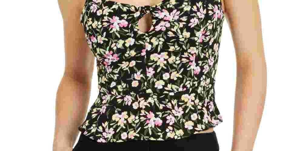 Blusa feminina Bar III com estampa floral e costas franzidas, cropped, preta, tamanho X-S