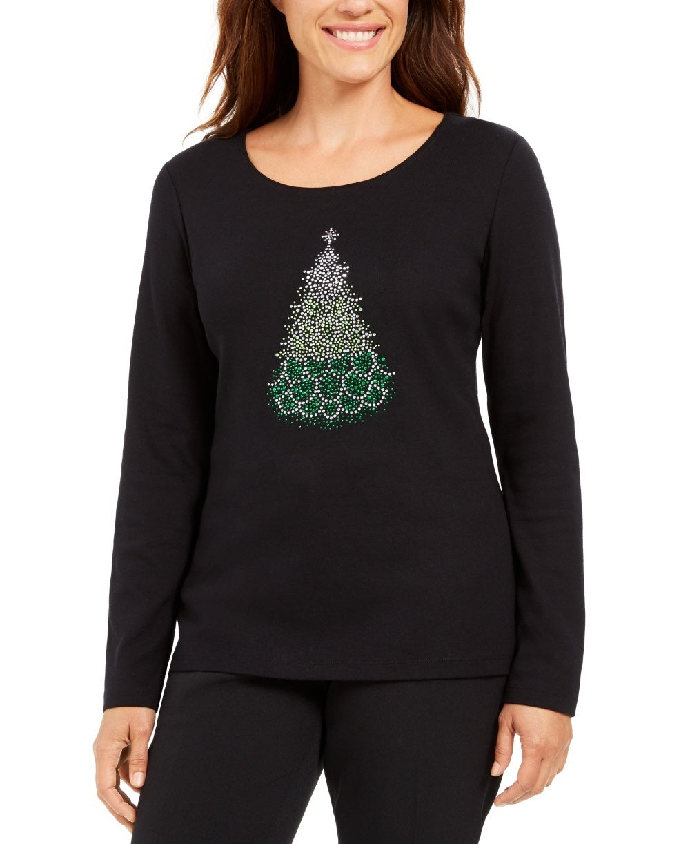 Camiseta feminina Karen Scott de algodão com estampa de Natal, preta, tamanho pequeno