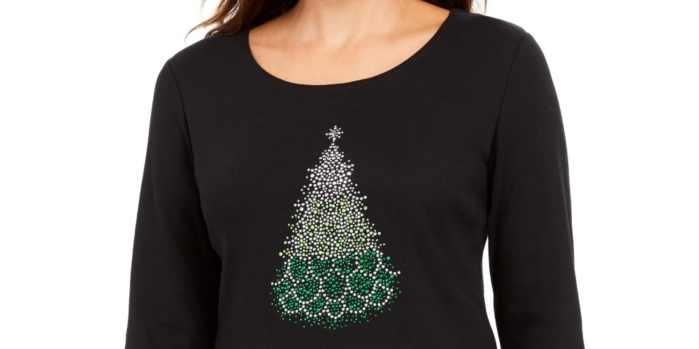 Camiseta feminina Karen Scott de algodão com estampa de Natal, preta, tamanho pequeno