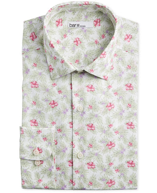 Camisa masculina Bar III com estampa floral e ajuste slim, branca e rosa, tamanho P