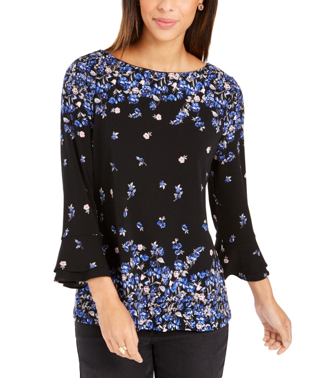 Blusa feminina com estampa floral e manga sino Charter Club, azul, tamanho pequeno